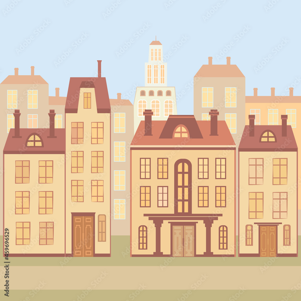 Old Europe city street, abstract drawing, flat vector illustration, urban background. Old Europe city street, abstract drawing, flat vector illustration, urban background.