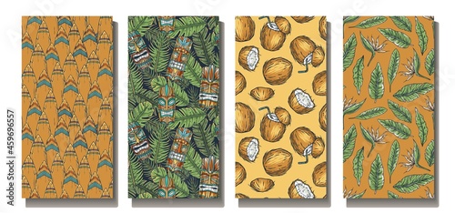 Tropical patterns with exotic plants and tiki mask. Coconut for summer surfing background. Surf set of seamless patterns for hawaii beach party