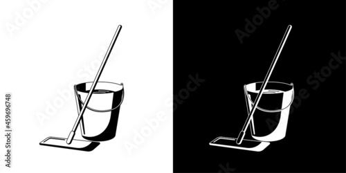 Mop and bucket with water vector illustration. Wet floor cleaning service equipment isolated flat black icon set