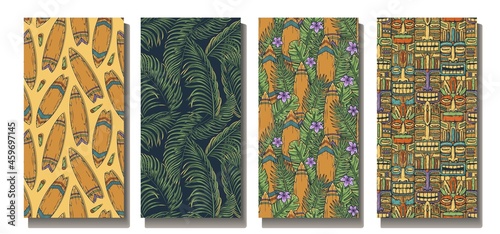 Tropical surfing patterns with exotic plants and tiki mask. Palm leaf for summer background. Surf set of seamless patterns for hawaii beach party