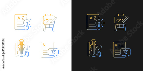 Variety of subjects in school gradient icons set for dark and light mode. Art classes. Thin line contour symbols bundle. Isolated vector outline illustrations collection on black and white