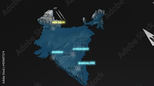 Seamless looping animation of the 3d terrain map at nighttime of India with the capital and the biggest cites in 4K resolution