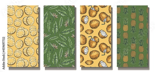 Pineapple and coconut for summer surfing background. Patterns with tropical plants, exotic fruit and tiki mask. Tropical set of seamless patterns for surf hawaii beach party