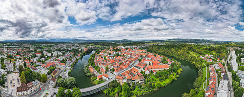Novo Mesto Cityscape at Bend of the Krka River in Slovenia Lower Carniola Region. Aerial Drone View