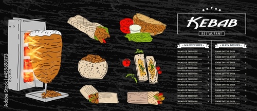 Shawarma cooking and ingredients for kebab. Doner kebab hand drawn. Fast food menu design elements. Restaurant cafe menu, template design. Food flyer. Vector.