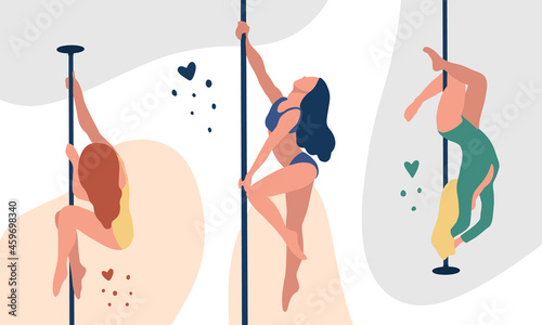 Poster with girls performing pole dance on the colourfule background