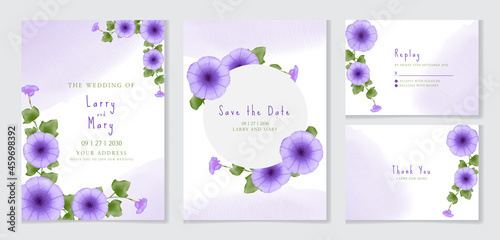 Hand drawn wedding invitation set with beautiful purple morning glory flower and leaves