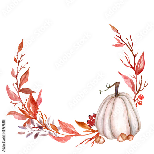 Watercolor Autumn Clipartwith white beige orange pumpkins Fall Clip Art Fall Leaves Berries Acorns Fall