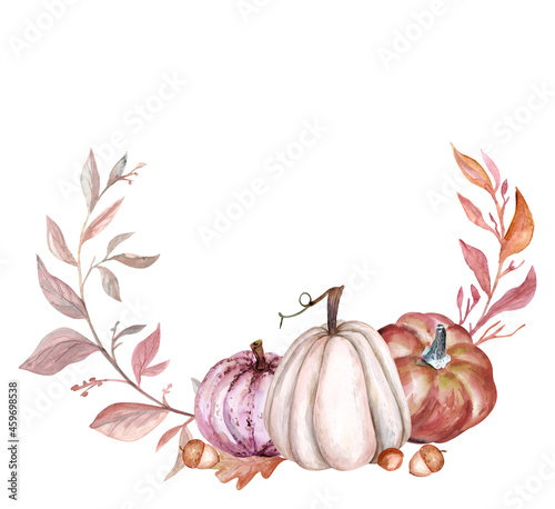 Watercolor Autumn Clipartwith white beige orange pumpkins Fall Clip Art Fall Leaves Berries Acorns Fall