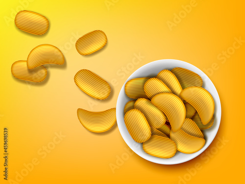 Potato Chips In White Bowl On Yellow Background