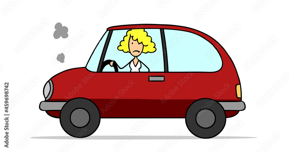 Frau im Auto mit Motorschaden während der Fahrt Stock Illustration Adobe Stock