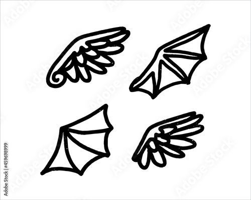 devil and angel wings illustration in a simple doodle style. the hand drawn drawing of various wings set.