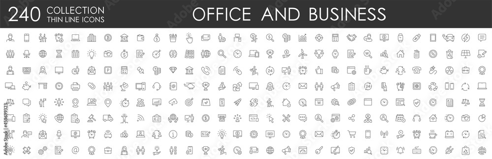Set 240 Office and Business thin line web icons. Outline icons collection. Business, Marketing, Banking, SEO, Teamwork and other symbols. Office management sumbols. - obrazy, fototapety, plakaty 