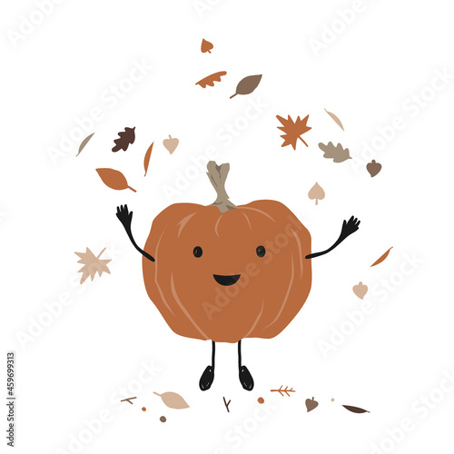 Cute smiling pumpkin throwing up leaves in the air. Cartoon Autumn character enjoying fall season, vector illustration
