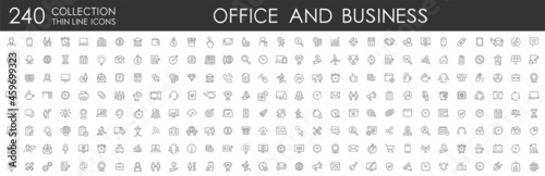 Set 240 Office and Business thin line web icons. Outline icons collection. Business, Marketing, Banking, SEO, Teamwork and other symbols. Office management sumbols.