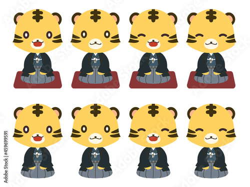 和服を着た正座をしている男の子のトラのキャラクターイラストのセット