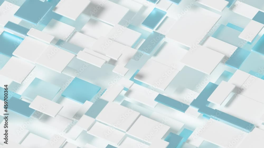 Elegant Dynamic Squares Loop 1 Blue x White: abstract grid of simple square and rectangle shapes moving gently up and down. Cool metallic blue and white thin cube shapes dynamically moving. 
