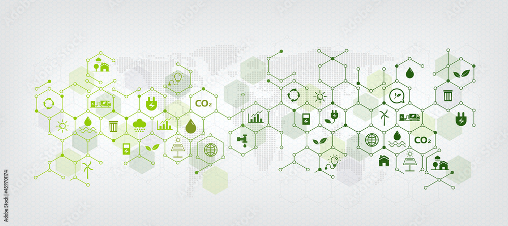 Templates and geometric green business background for sustainability concept. Links related to environmental protection with flat icon - obrazy, fototapety, plakaty 