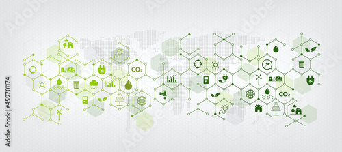 Templates and geometric green business background for sustainability concept. Links related to environmental protection with flat icon