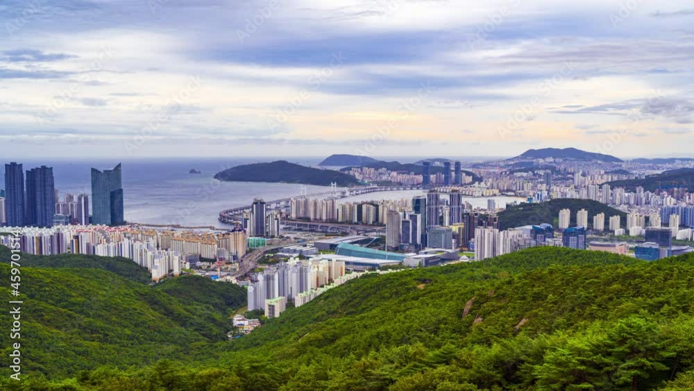 Timelapse Top view of Gwangan Bridge and Haeundae at twilight, Busan City, South Korea. Timelapse Top view of Gwangan Bridge and Haeundae at twilight, Busan City, South Korea.