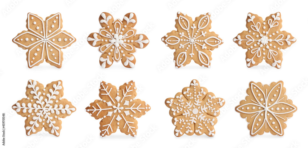Set with tasty decorated Christmas cookies on white background. Banner design Set with tasty decorated Christmas cookies on white background. Banner design