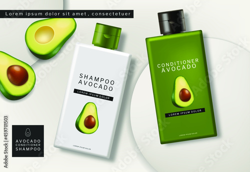 Avocado natural oil shampoo and conditioner vector realistic. Product placement mock up