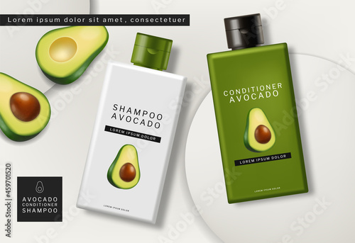 Avocado natural oil shampoo and conditioner vector realistic. Product placeme...
