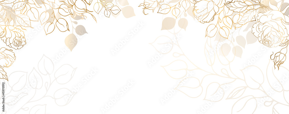 Luxurious gold wallpaper with roses. White background. Shiny leaves wall art with pastel light texture. Modern art mural wallpaper. Vector illustration.