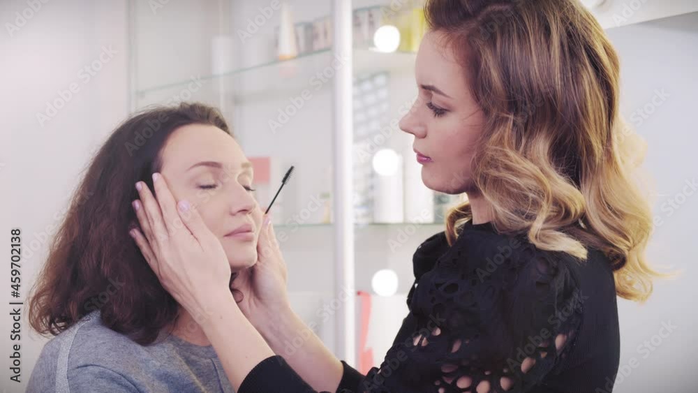 Makeup artist combs eyebrows in a woman with an eyebrow brush. Make-up artist in beauty studio doing makeup for beautiful girl. Adult woman in a beauty salon on care procedures at a cosmetologist. Makeup artist combs eyebrows in a woman with an eyebrow brush. Make-up artist in beauty studio doing makeup for beautiful girl. Adult woman in a beauty salon on care procedures at a cosmetologist.