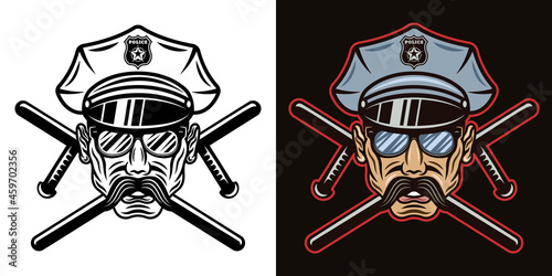 Policeman in hat with sunglasses and two crossed batons vector illustration in two styles black on white and colorful on dark background