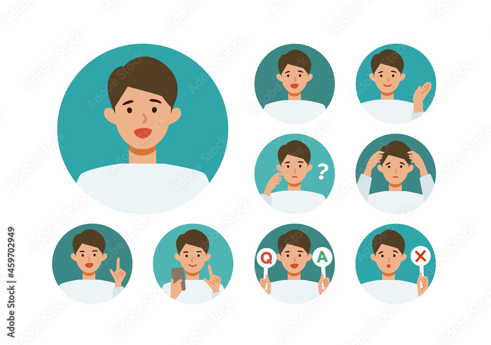 Man cartoon character head collection set. People face profiles avatars and icons. Close up image of smiling man. Man cartoon character head collection set. People face profiles avatars and icons. Close up image of smiling man.