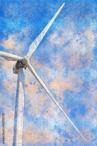 Wind turbine against a blue sky. Renewable energy. Digital watercolor painting