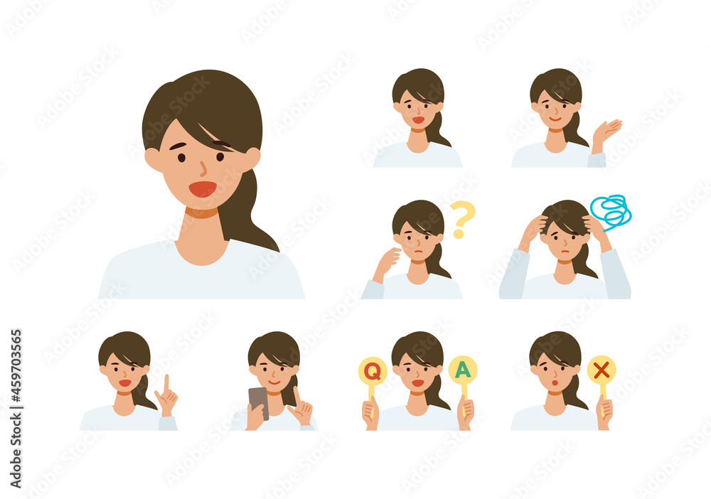 Woman cartoon character head collection set. People face profiles avatars and icons. Close up image of smiling Woman. Woman cartoon character head collection set. People face profiles avatars and icons. Close up image of smiling Woman.