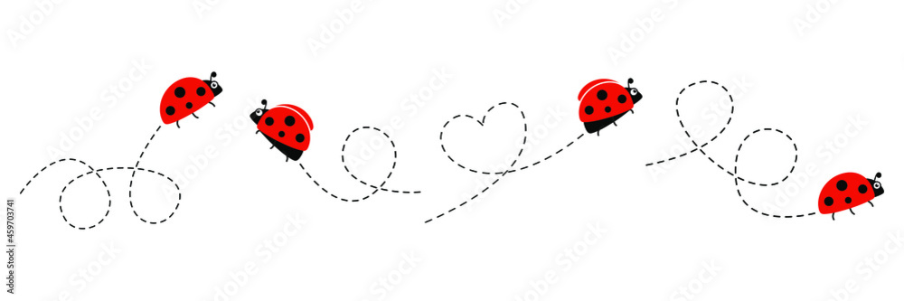 Ladybug flat icon set. Ladybugs flying on dotted route. Cartoon ladybirds with open wings.