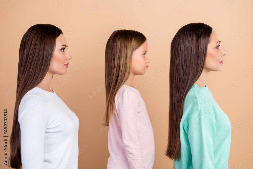 Profile side photo of calm family generation woman look empty space isolated on pastel beige color background