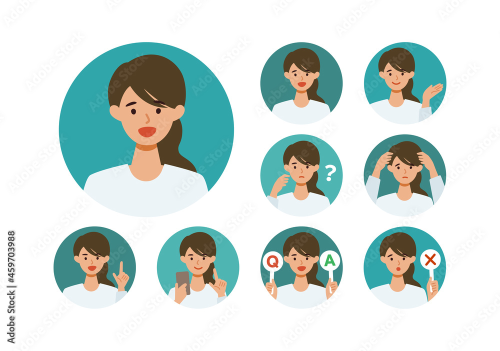Woman cartoon character head collection set. People face profiles avatars and icons. Close up image of smiling Woman. Woman cartoon character head collection set. People face profiles avatars and icons. Close up image of smiling Woman.