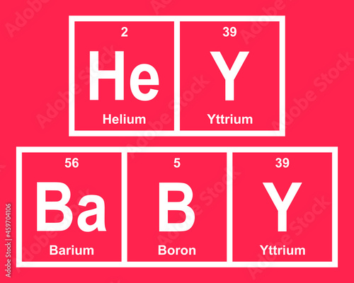 Hey Baby – Helium, Yttrium, Barium and Boron. Funny phrase with the periodic table of the chemical elements on a red background. Design element for poster, t-shirt print.