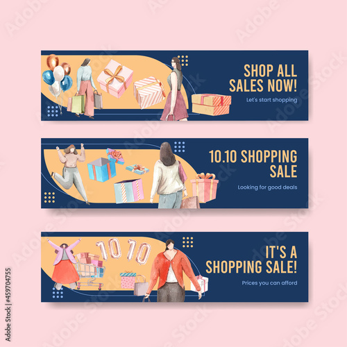 Banner template with shopping sale concept,watercolor style