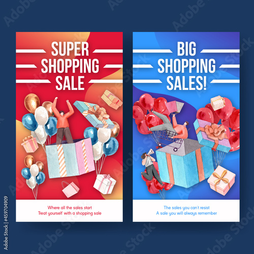 Instagram template with shopping sale concept,watercolor style