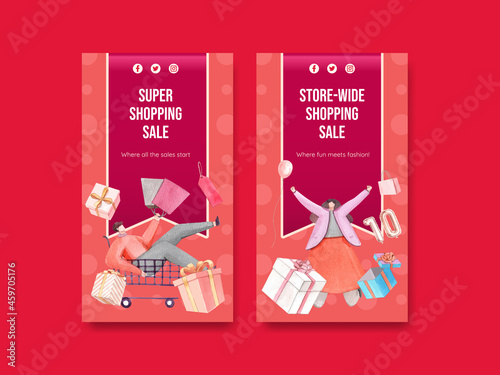 Instagram template with shopping sale concept,watercolor style