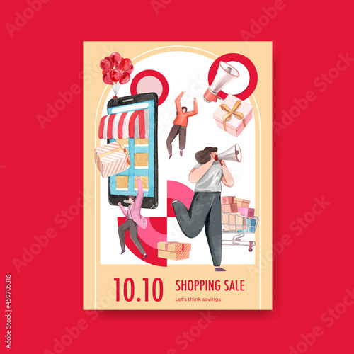 Poster template with shopping sale concept,watercolor style
