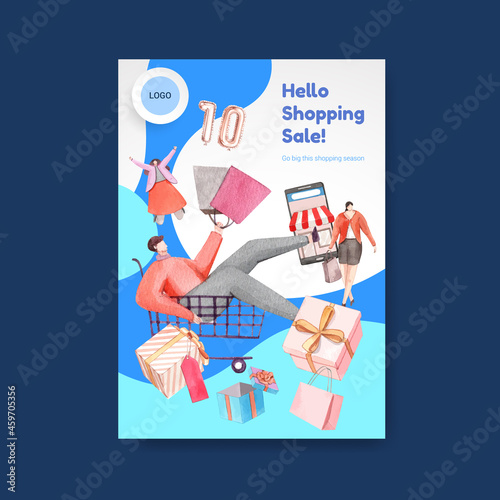 Poster template with shopping sale concept,watercolor style