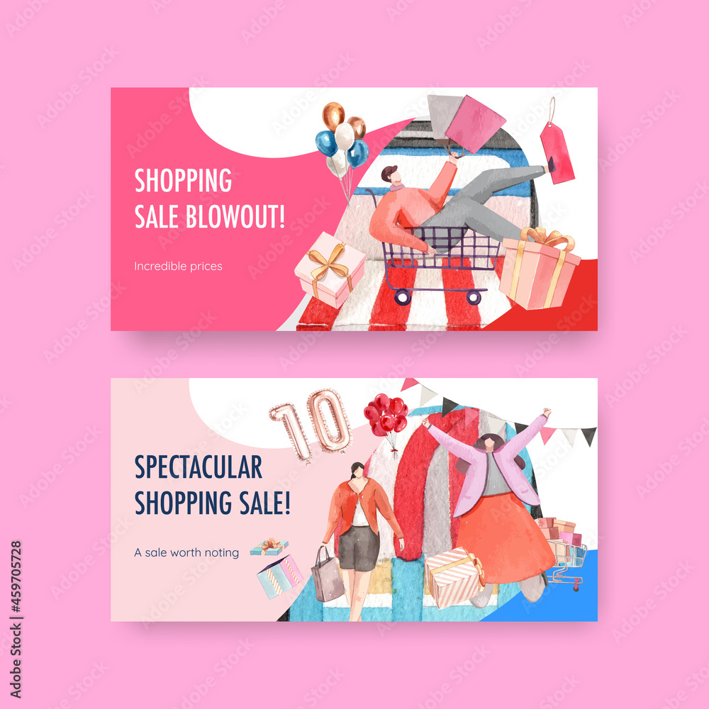 Obraz premium Twitter template with shopping sale concept,watercolor style