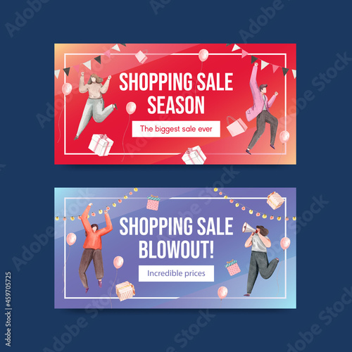 Twitter template with shopping sale concept,watercolor style