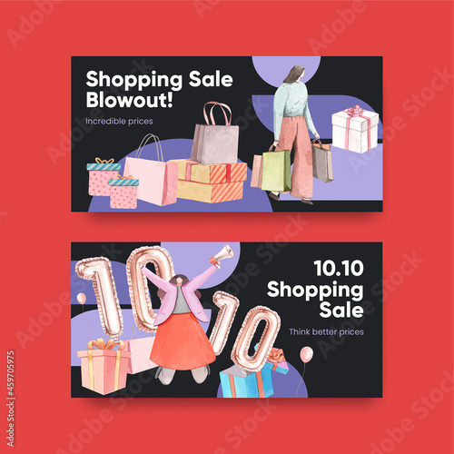 Twitter template with shopping sale concept,watercolor style