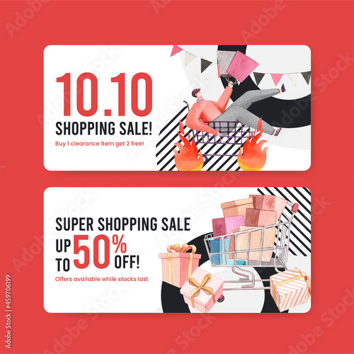 Voucher template with shopping sale concept,watercolor style