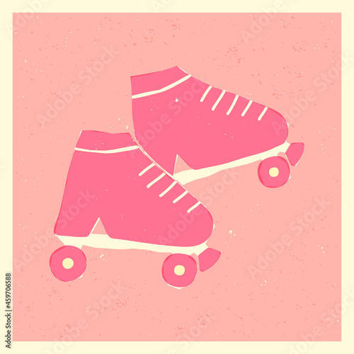 Cute retro style pink rollerblades, roller skaters footwear. Cartoon vector card design, banner, funny illustration.