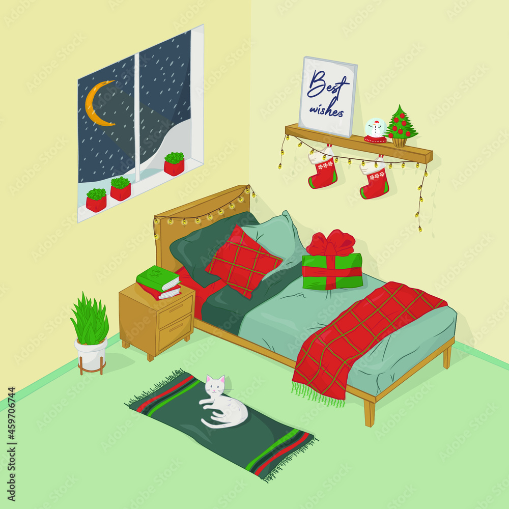 Cozy Christmas bedroom Holiday Postcard.  Peace Love Joy