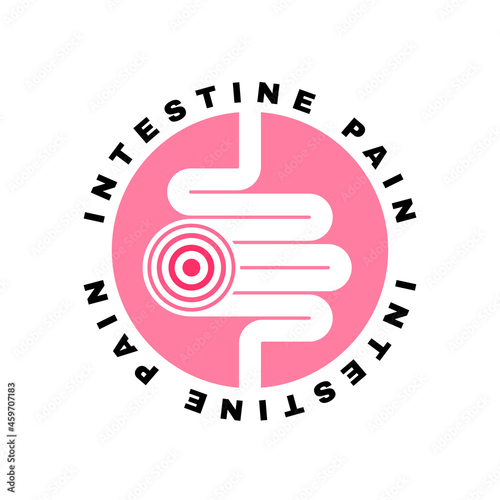 Intestine pain logo design with pain circle. Colitis. Not healthy intestinal, abdominal pain and constipation. Vector illustration Intestine pain logo design with pain circle. Colitis. Not healthy intestinal, abdominal pain and constipation. Vector illustration