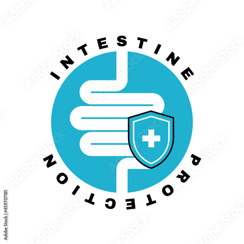 Healthy protected intestine, logo with protect shield. Digestive system protection symbol concept. Vector illustration